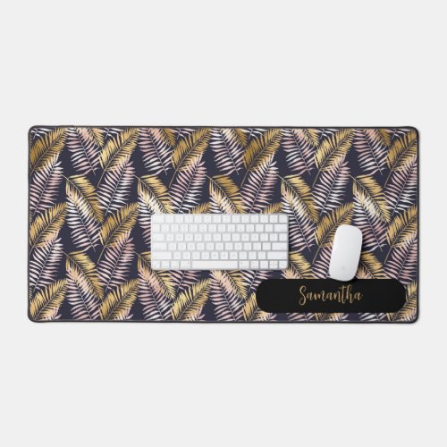 Elegant Black And Gold Tropical Leaves Desk Mat