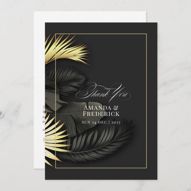 Elegant Black and Gold Tropical Leaves Wedding Thank You Card (Front/Back)