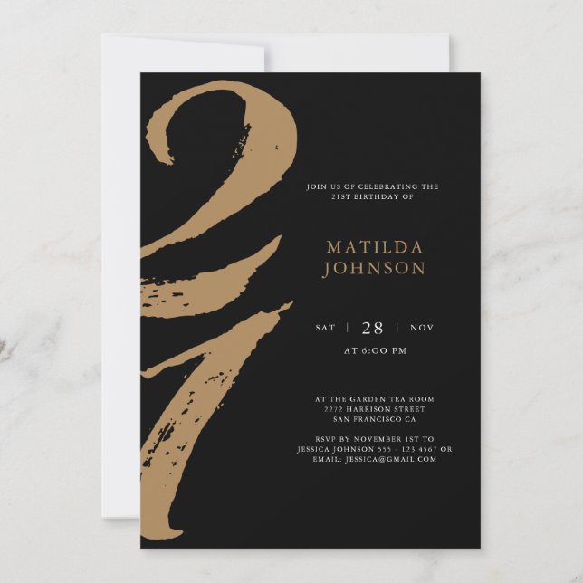 Elegant Black and Gold Typography 21st Birthday Invitation (Front)
