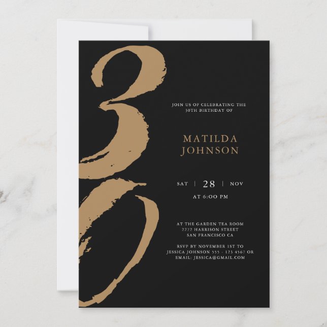 Elegant Black and Gold Typography 30th Birthday Invitation (Front)