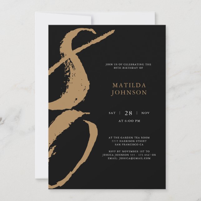 Elegant Black and Gold Typography 80th Birthday Invitation (Front)