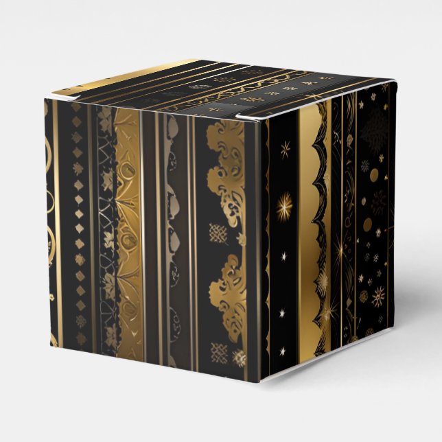 Elegant Black And Gold Vertical Striped Cube Favor Boxes (Front Side)