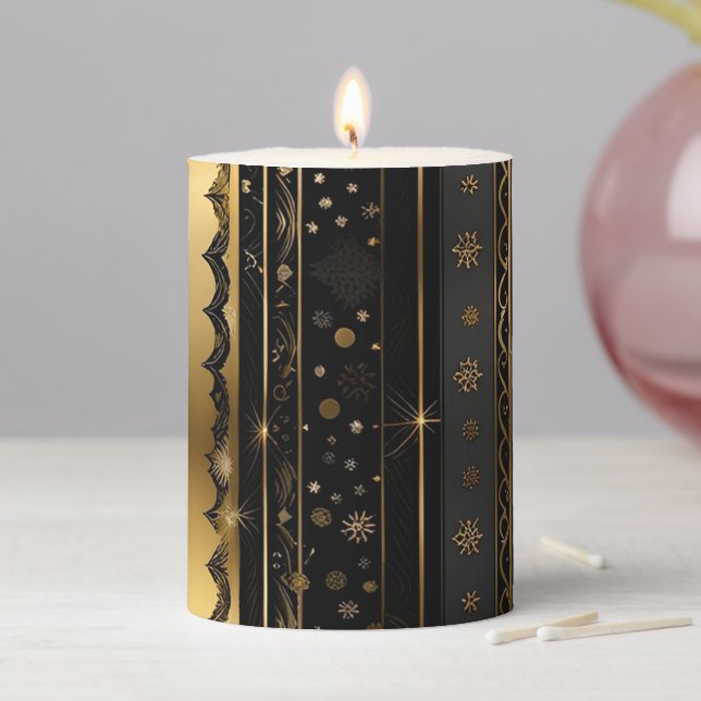 Elegant Black And Gold Vertical Striped Pillar Candle (In Situ)