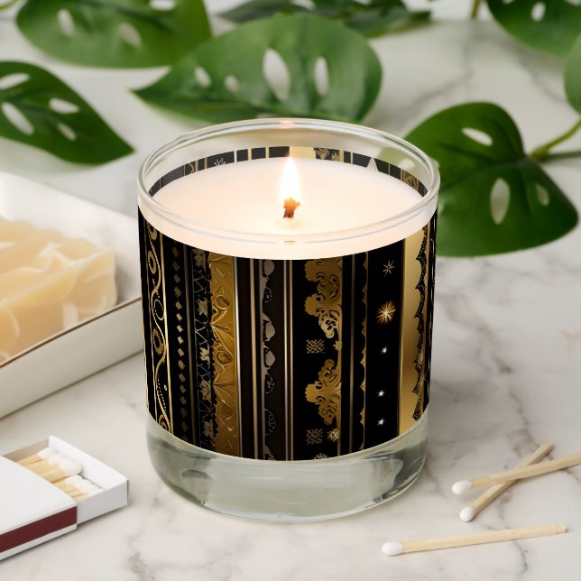 Elegant Black And Gold Vertical Striped Scented Candle (Lit)