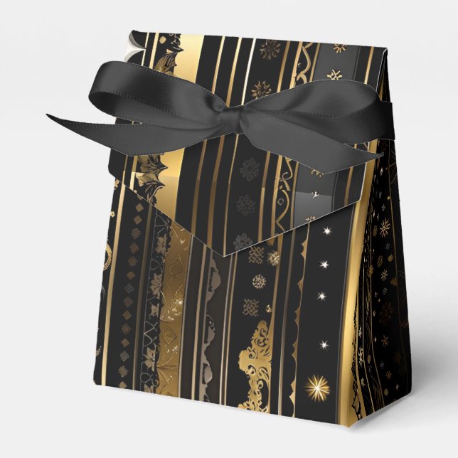 Elegant Black And Gold Vertical Striped Tent Favor Boxes (Front Side)