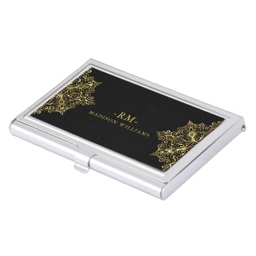 Elegant Black And Gold Vintage Lace Frame Business Card Case