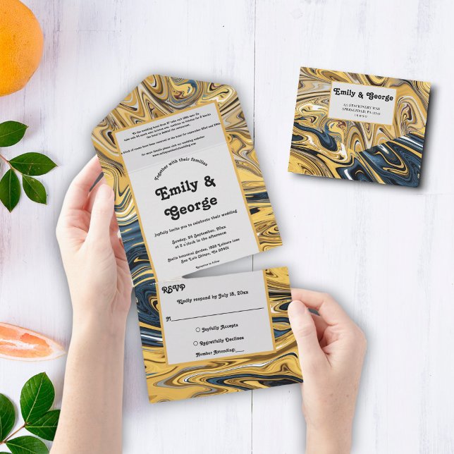 Elegant Black And Gold Waves Abstract Art Wedding All In One Invitation (Creator Uploaded)