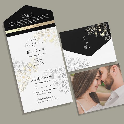 Elegant Black and Gold Wedding All In One Invitation