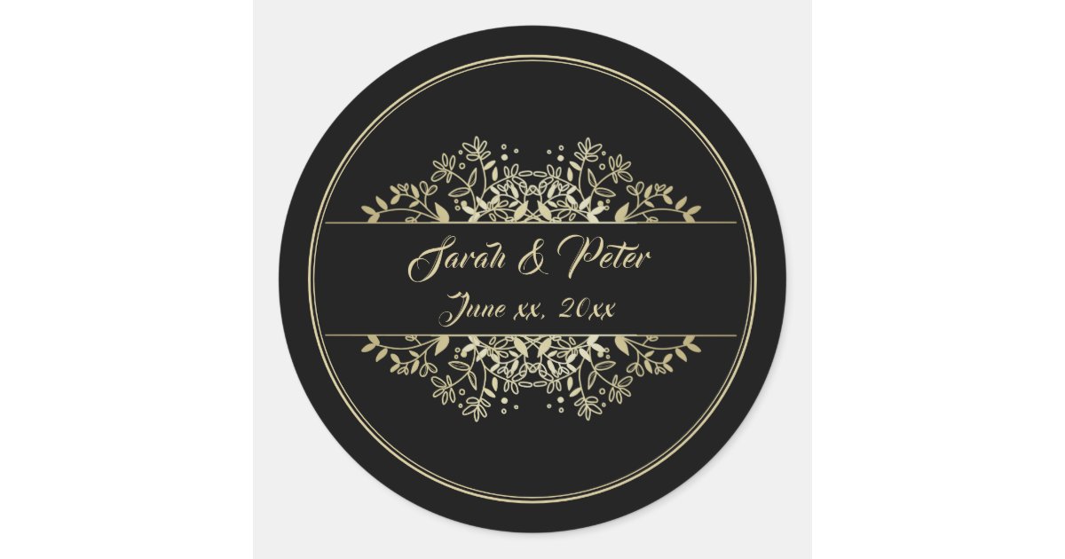 Elegant Black and Gold Wedding Classic Round Sticker | Zazzle