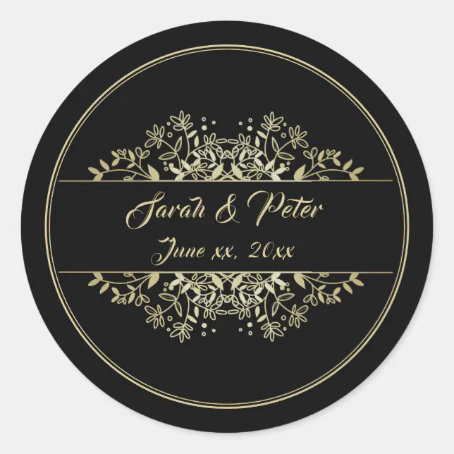 Elegant Black and Gold Wedding Classic Round Sticker | Zazzle