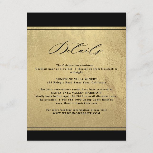 Elegant Black and Gold Wedding Details Enclosure C Card (Front)