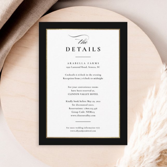 Elegant Black and Gold Wedding Details Enclosure Card (Elegant black and white wedding invitation details enclosure cards.)