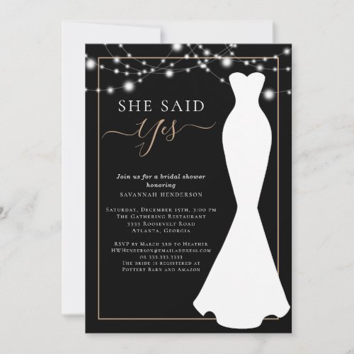 Elegant Black and Gold Wedding Dress Bridal Shower Invitation