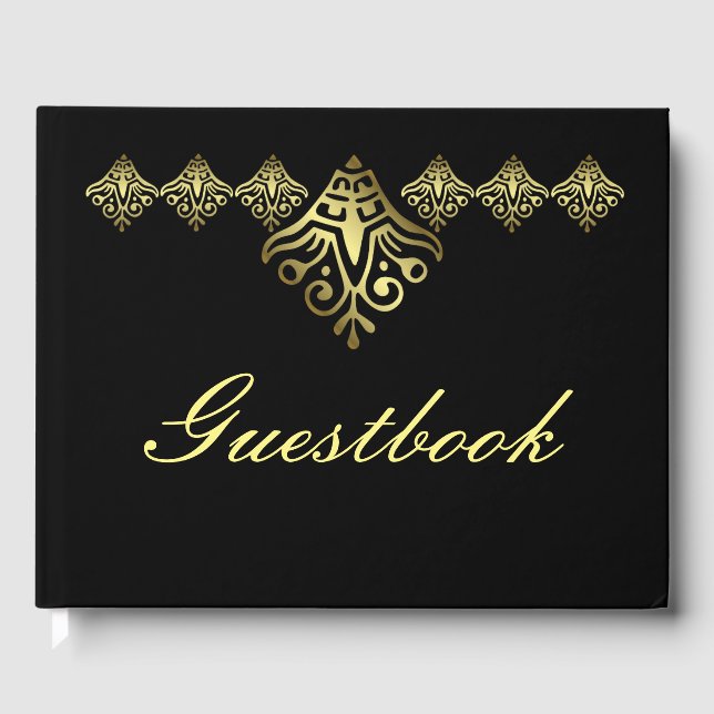 Elegant Black and Gold Wedding Guest Book (Front)