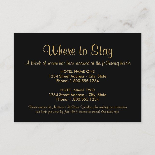 Elegant Black and Gold Wedding Hotel Enclosure Card (Front)