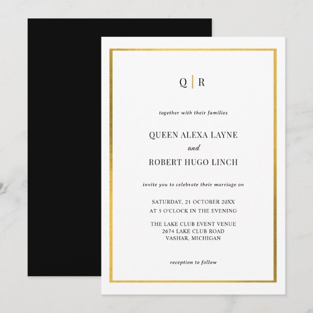 Elegant black and gold wedding invitation (Front/Back)