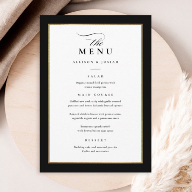 Elegant Black and Gold Wedding Menu (Elegant black and white with gold frame wedding menu.)