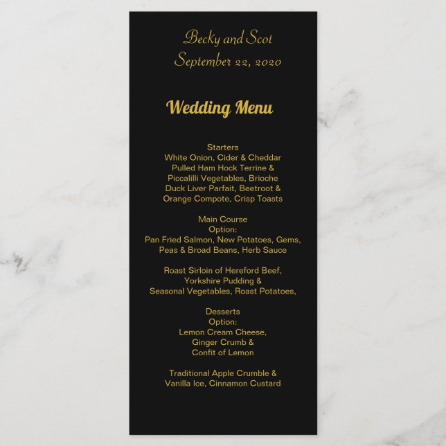 Elegant Black and Gold Wedding Menu Card (Front)