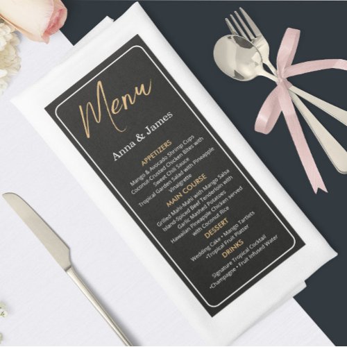 Elegant Black and Gold Wedding Menu Card