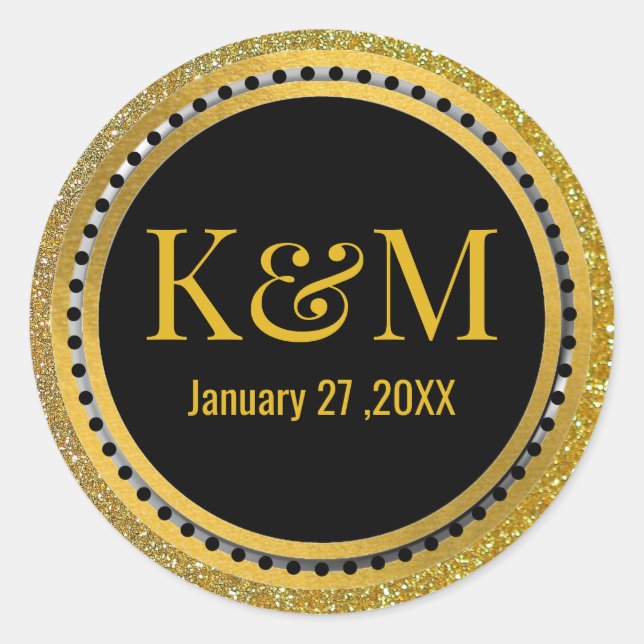 Elegant Black And Gold Wedding Monogram Initials  Classic Round Sticker (Front)