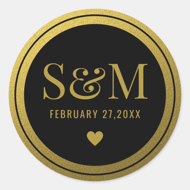 Elegant Black And Gold Wedding Monogram Initials Classic Round Sticker (Front)