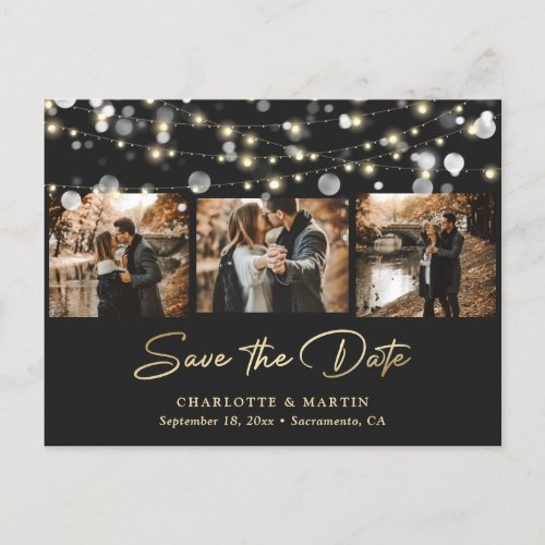 Elegant Black and Gold Wedding Photo Save The Date Announcement Postcard