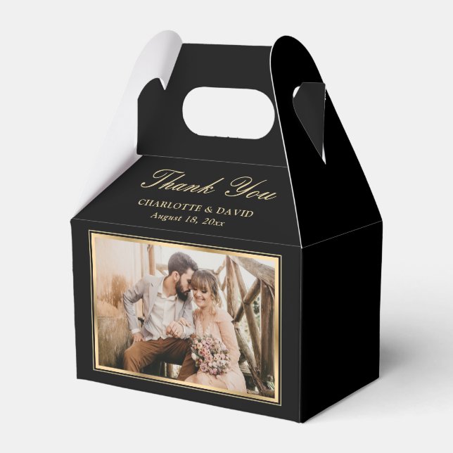 Elegant Black and Gold Wedding Photo Thank You Favor Boxes (Back Side)