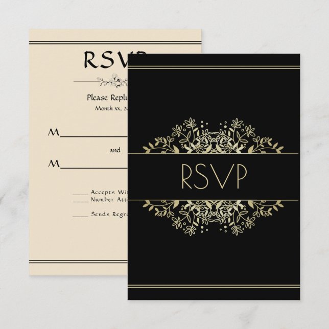 Elegant Black and Gold Wedding RSVP Card (Front/Back)