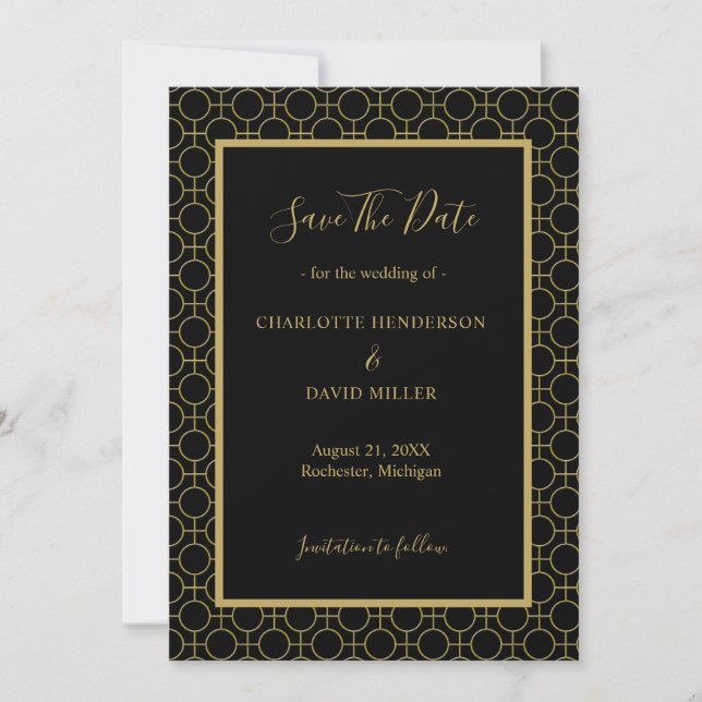 Elegant Black and Gold Wedding Save The Date (Front)