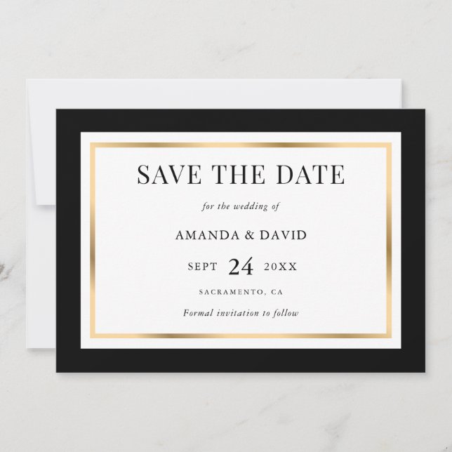 Elegant Black and Gold Wedding Save The Date (Front)