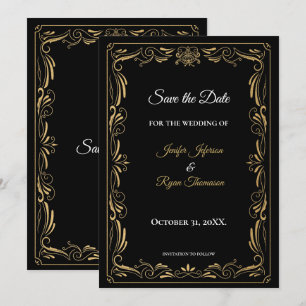 Elegant black and gold wedding save the date announcement