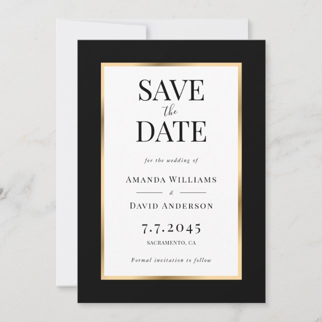 Elegant Black and Gold Wedding Save The Date Card (Front)