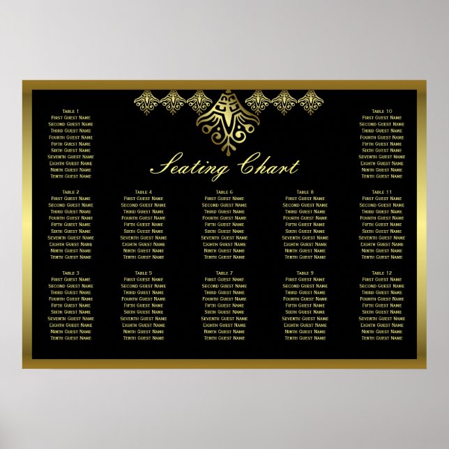 Elegant Black and Gold Wedding Seating Chart (Front)