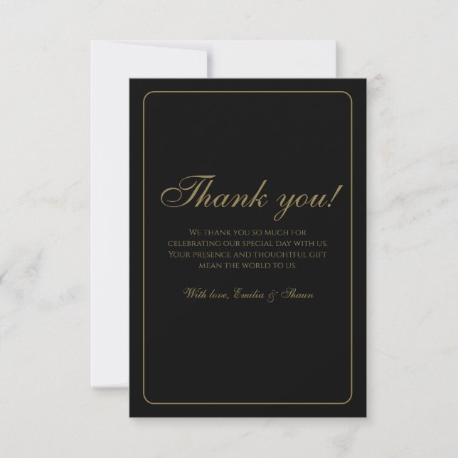 Elegant Black and Gold Wedding Thank You Card (Front)