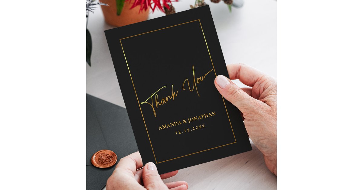 Elegant Black and Gold Wedding Thank You Card | Zazzle