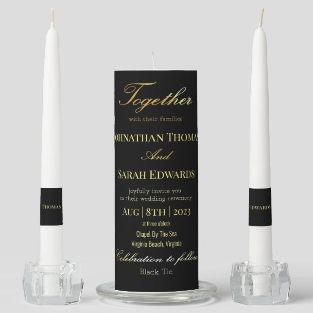 Elegant Black And Gold Wedding Unity Candle Set (Front)