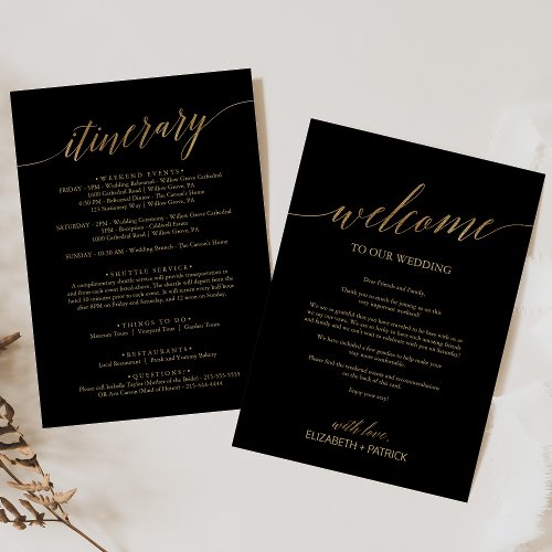 Elegant Black and Gold Wedding Welcome  Itinerary