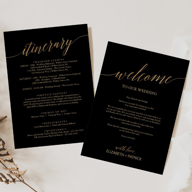 Elegant Black and Gold Wedding Welcome & Itinerary (Creator Uploaded)