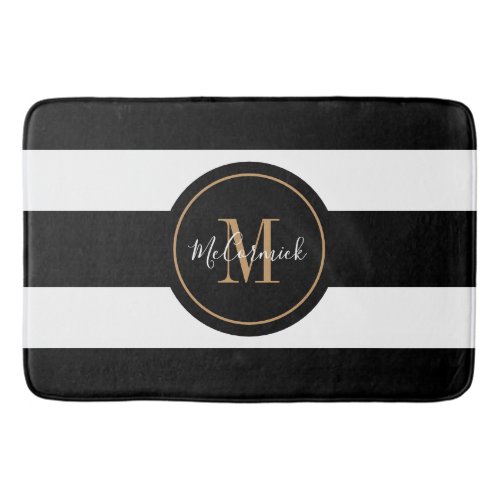 Elegant Black And Gold White Stripes Monogram Bath Mat