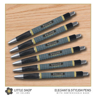 Elegant Black and Gold Windowpane Check Monogram Pen