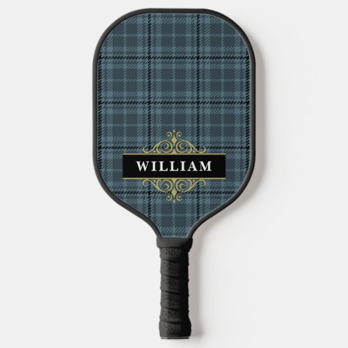 Elegant Black and Gold Windowpane Check Monogram Pickleball Paddle