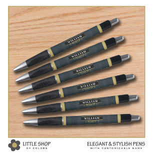 Elegant Black and Gold Windowpane Plaid Monogram Pen