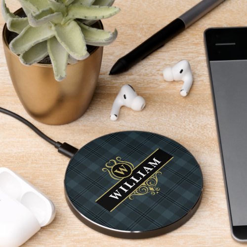 Elegant Black and Gold Windowpane Plaid Monogram Wireless Charger