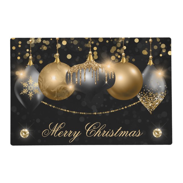 Elegant Black and Gold Winter Baubles Christmas Placemat (Front)