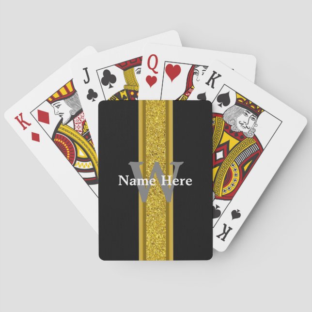 Elegant Black and Gold with Monogram and Name Poker Cards (Back)