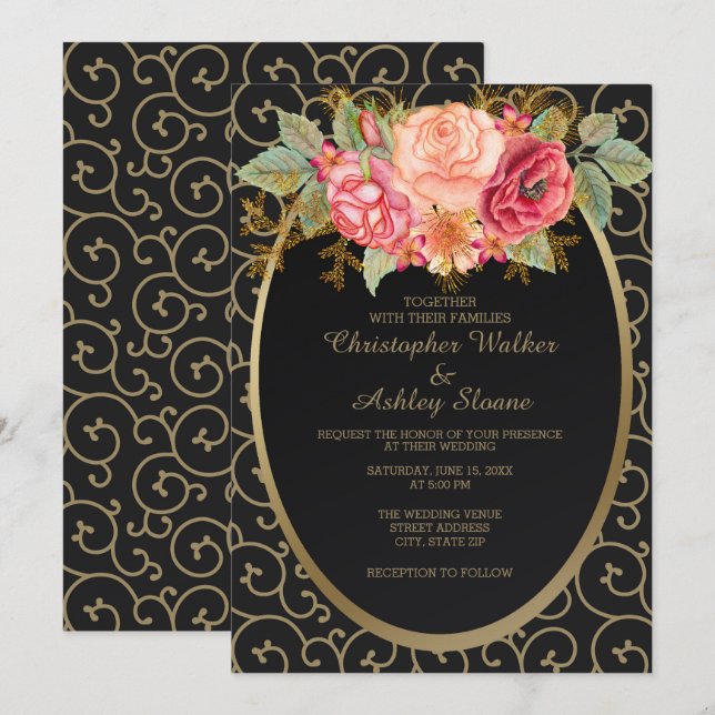 Elegant Black and Gold with Roses Wedding Invite (Front/Back)