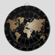 Elegant Black and Gold World Map Monogram Name Dart Board