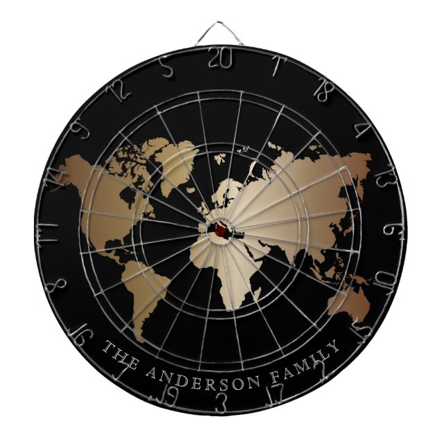 Elegant Black and Gold World Map  Monogram Name Dart Board (Front)