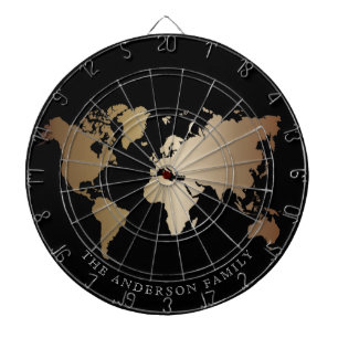 Elegant Black and Gold World Map Monogram Name Dart Board