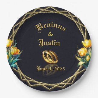 Elegant black and Gold Yellow Tulips Paper Plate